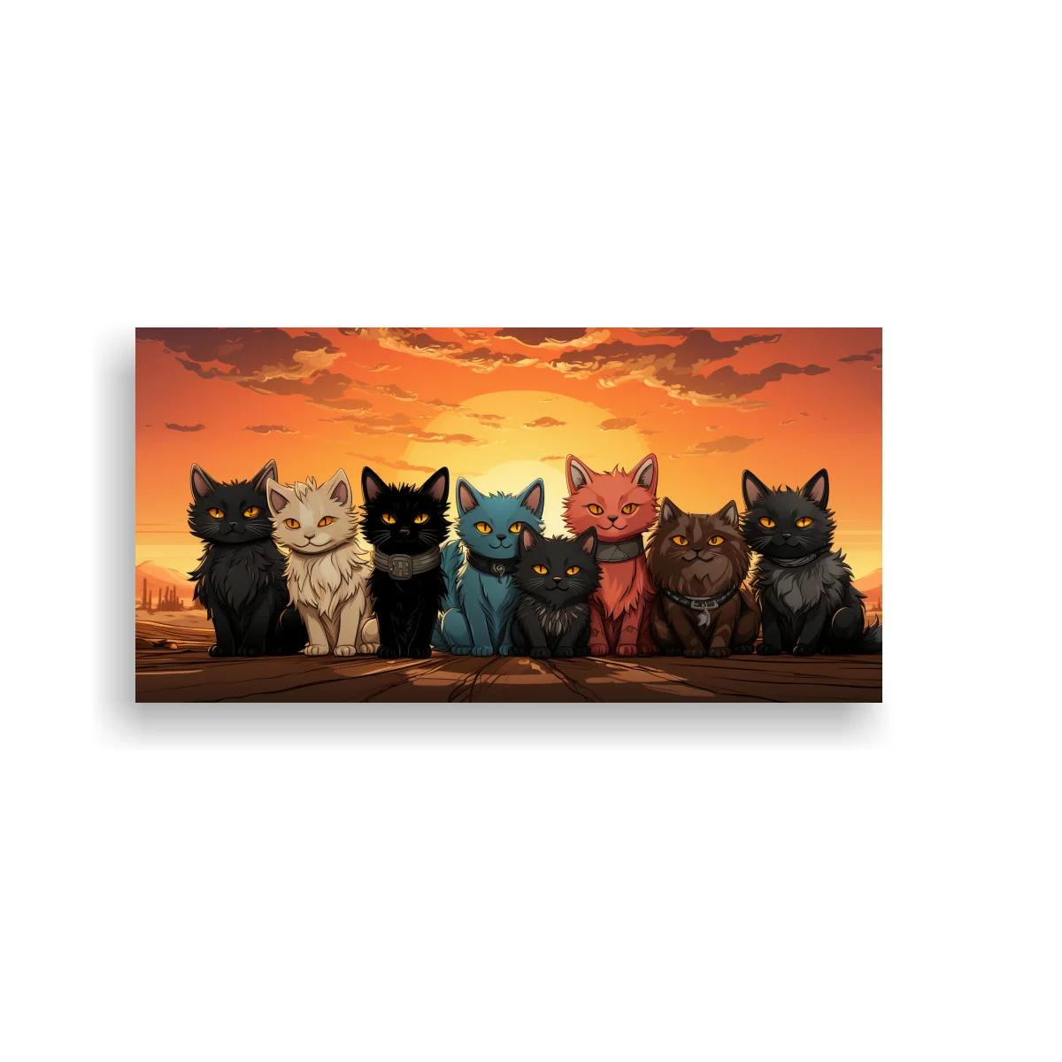 Cuadro grupo de gatos sentados frente a un cielo de atardecer