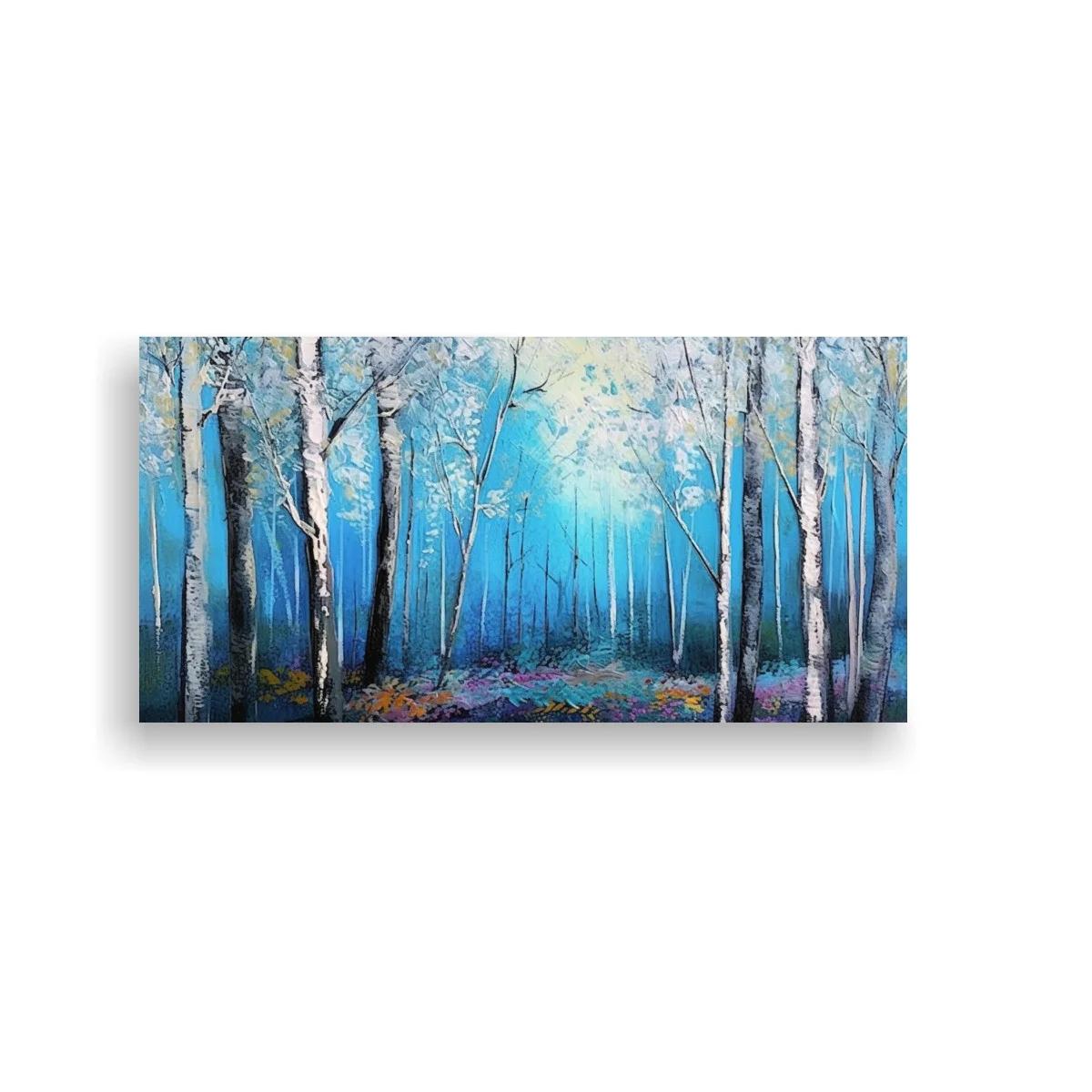 Cuadro bosque de abedules con fondo azul brumoso