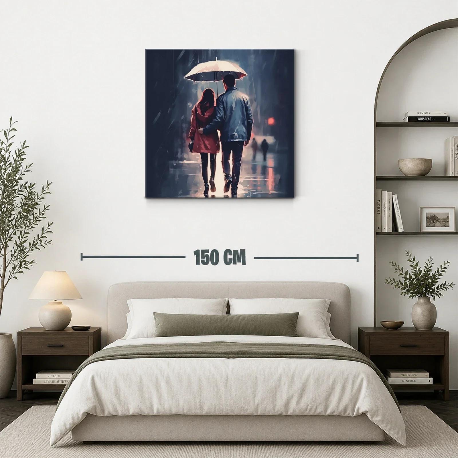 Pareja caminando bajo la lluvia con paraguas blanco — miniatura 3