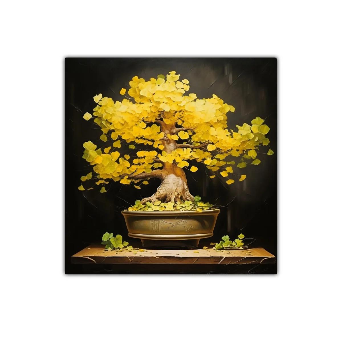 Cuadro de bonsái con hojas doradas en fondo oscuro — miniatura 1