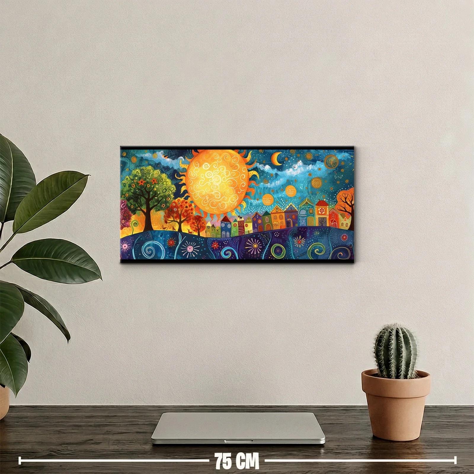 Cuadro sol con pueblo fantástico y colinas — miniatura 2
