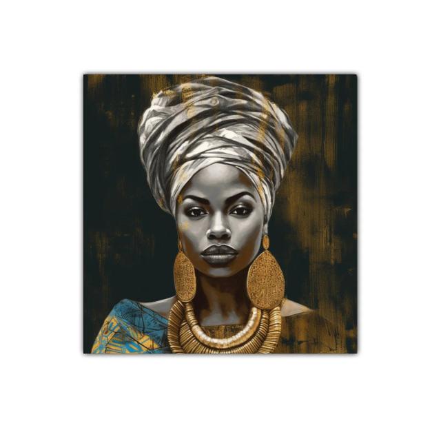 Retrato elegante de mujer con joyas doradas y turbante