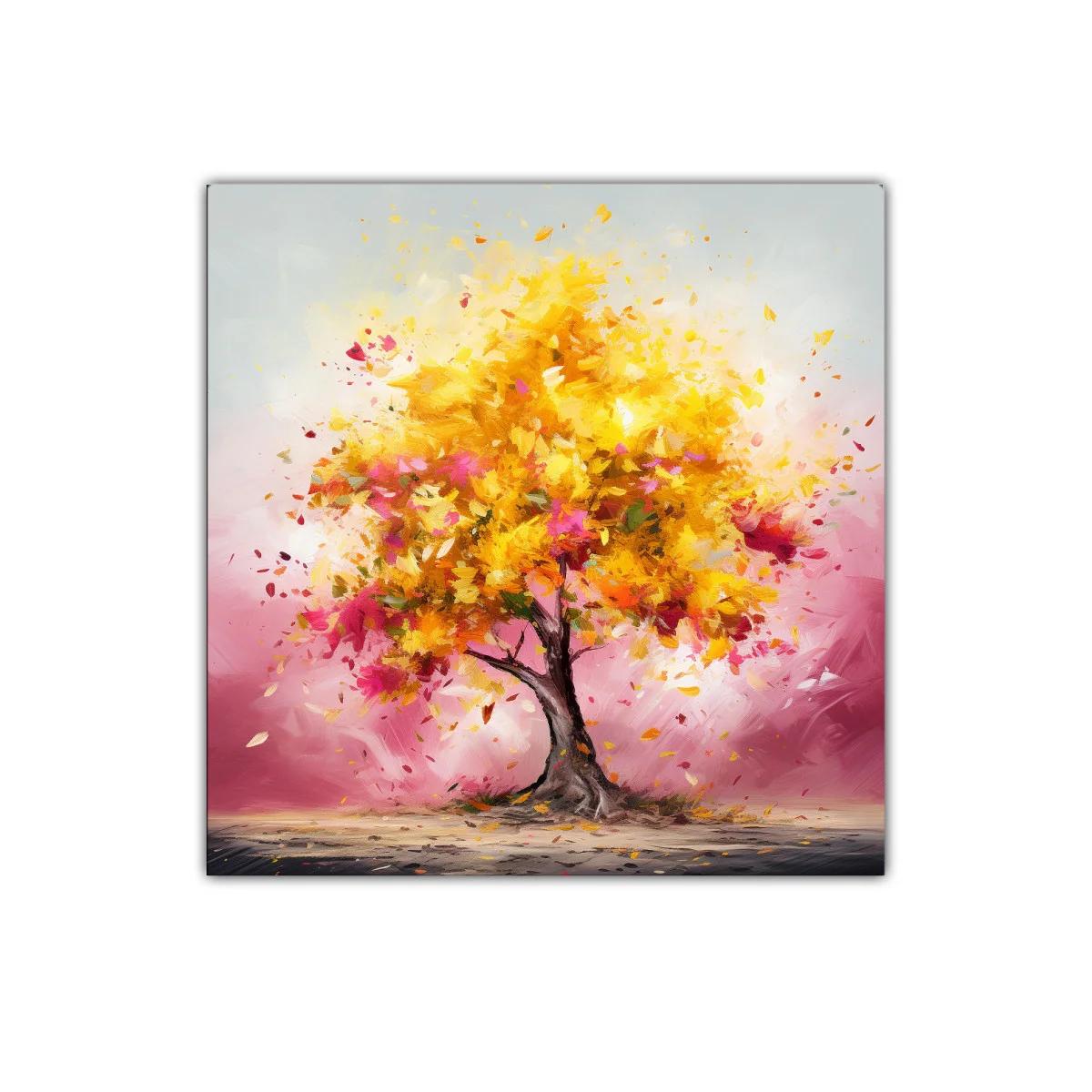 Árbol vibrante con hojas doradas y rosas en movimiento