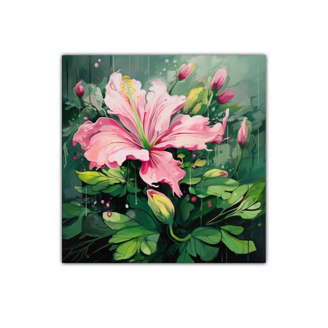 Cuadro decorativo con flor rosa y hojas verdes vibrantes