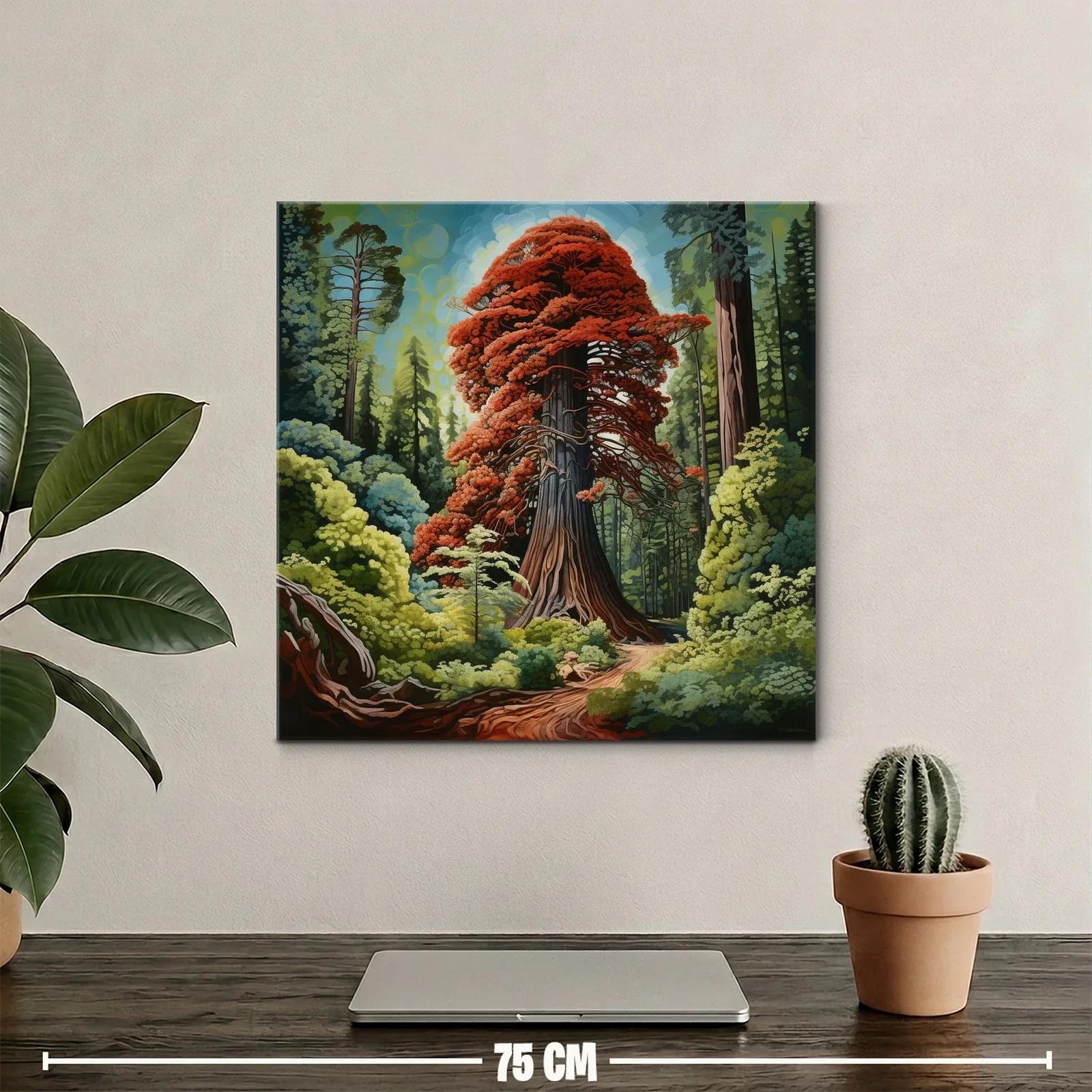 Gran árbol rojo rodeado de bosque verde vibrante — miniatura 2