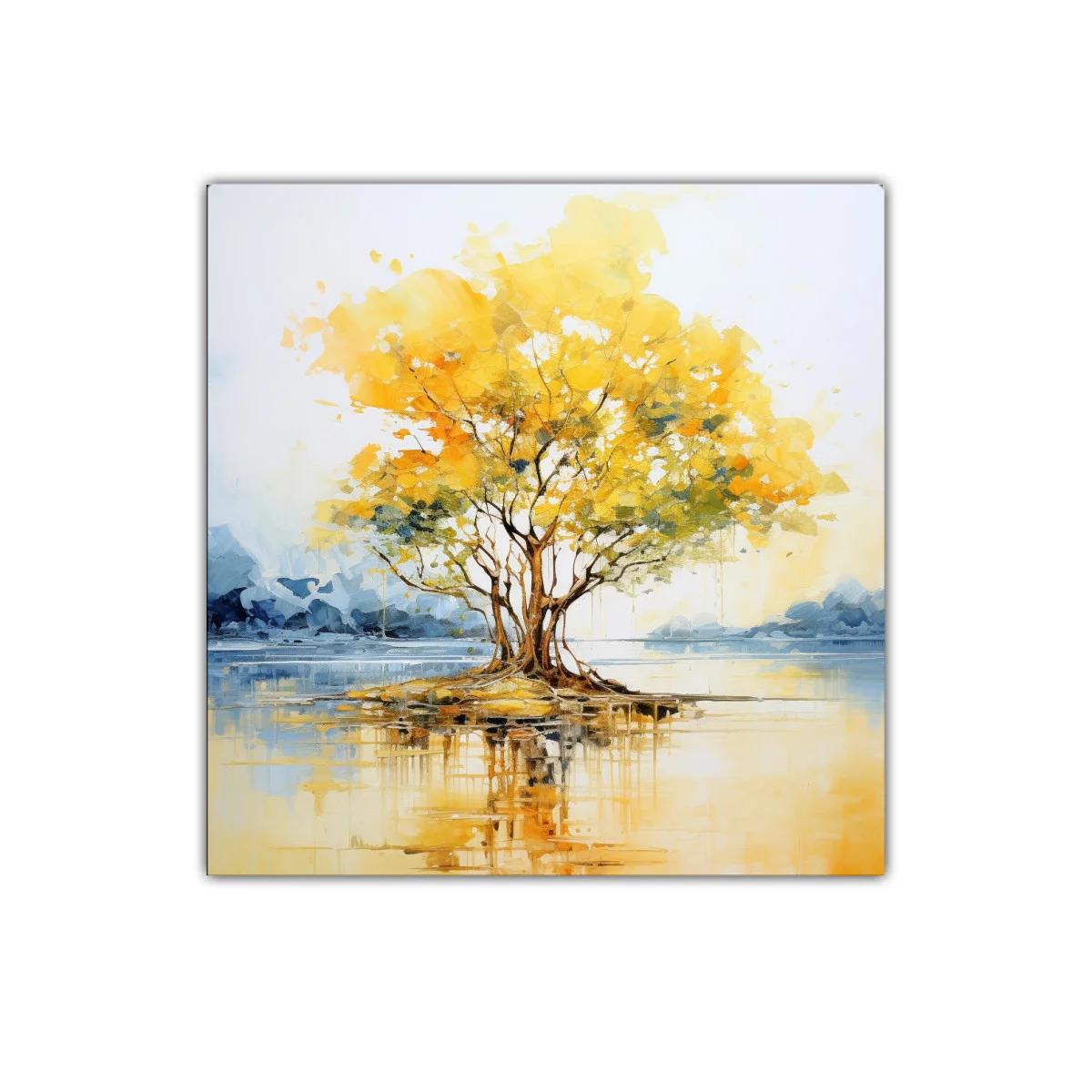 Árbol dorado brillante sobre reflejo de agua serena — imagen principal