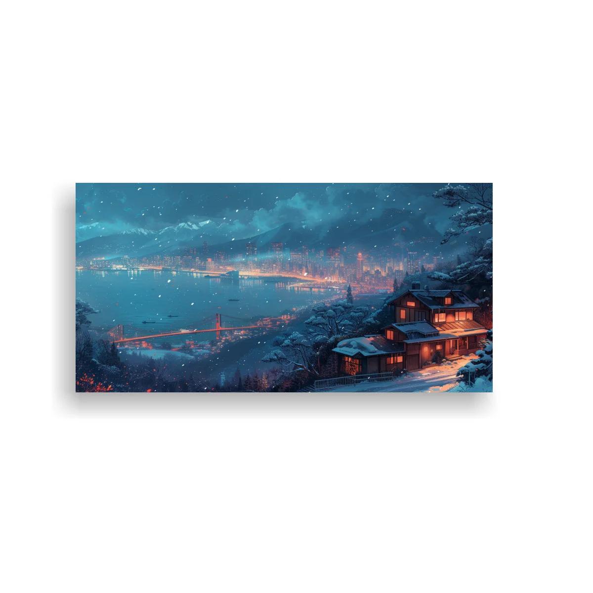 Cuadro cabaña nevada con ventanas encendidas y ciudad al fondo