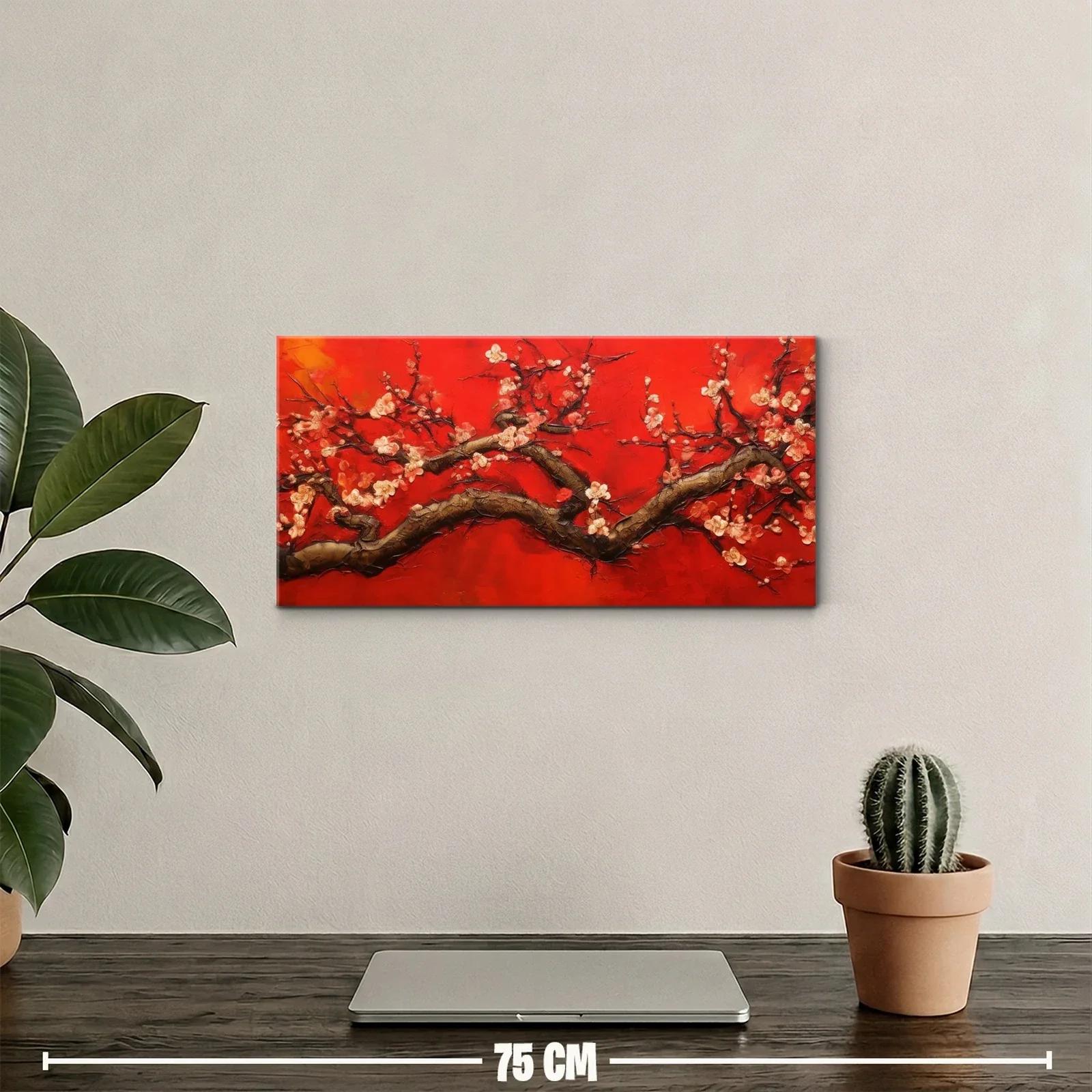 Cuadro rama de flor de cerezo sobre fondo rojo texturizado — miniatura 2