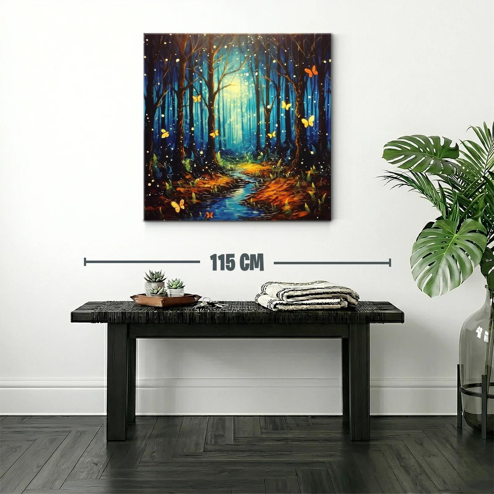 Bosque encantado con mariposas iluminadas y sendero azul — miniatura 2