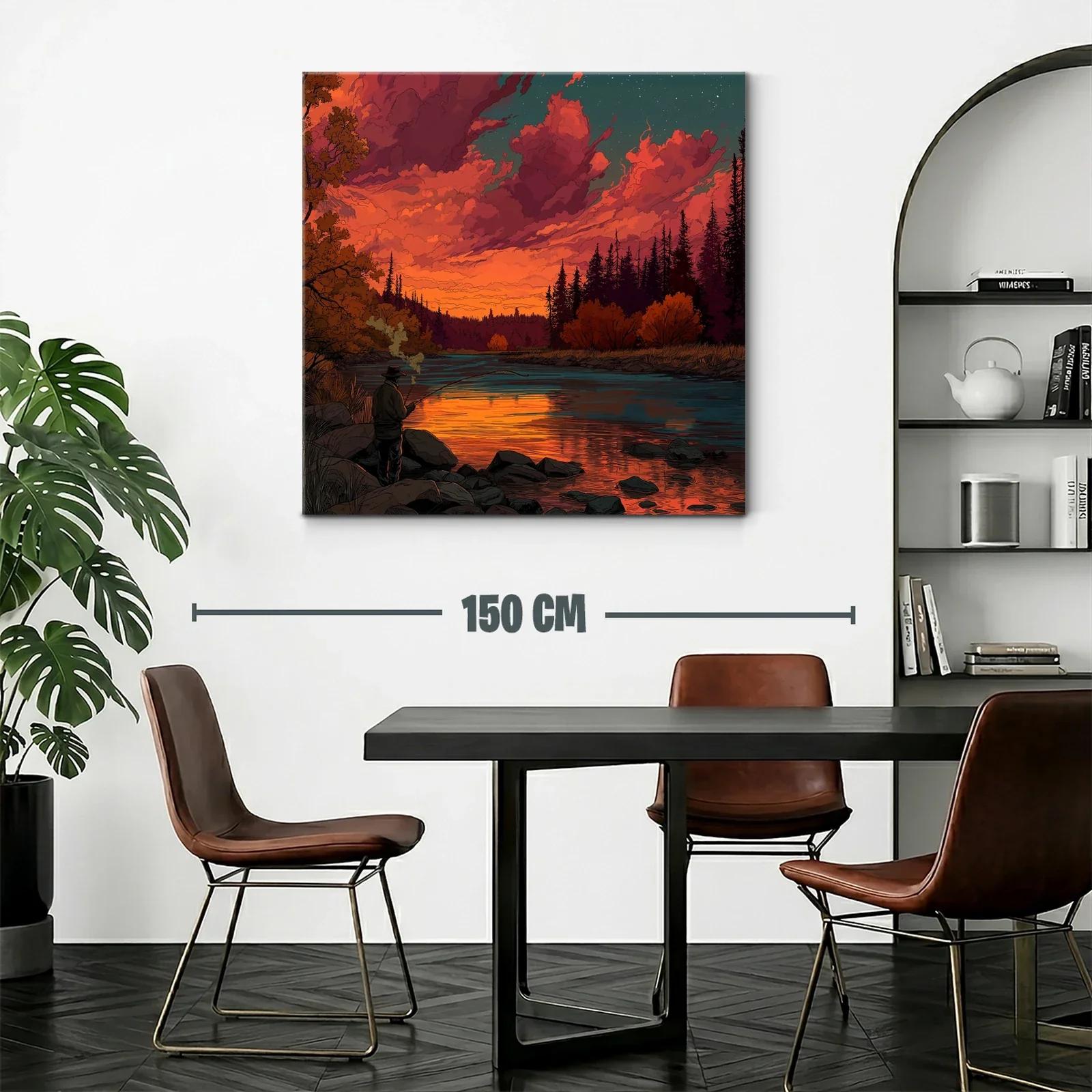 Puesta de sol vibrante en río con pescador solitario — miniatura 2