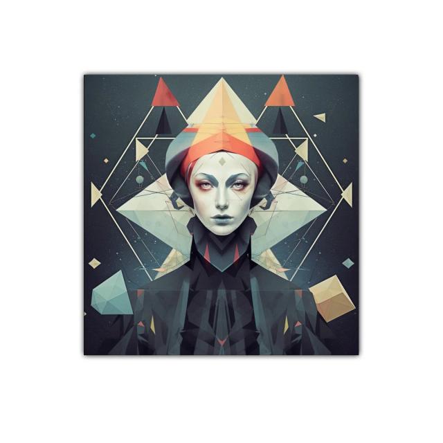 Retrato geométrico con toques rojos y azulados