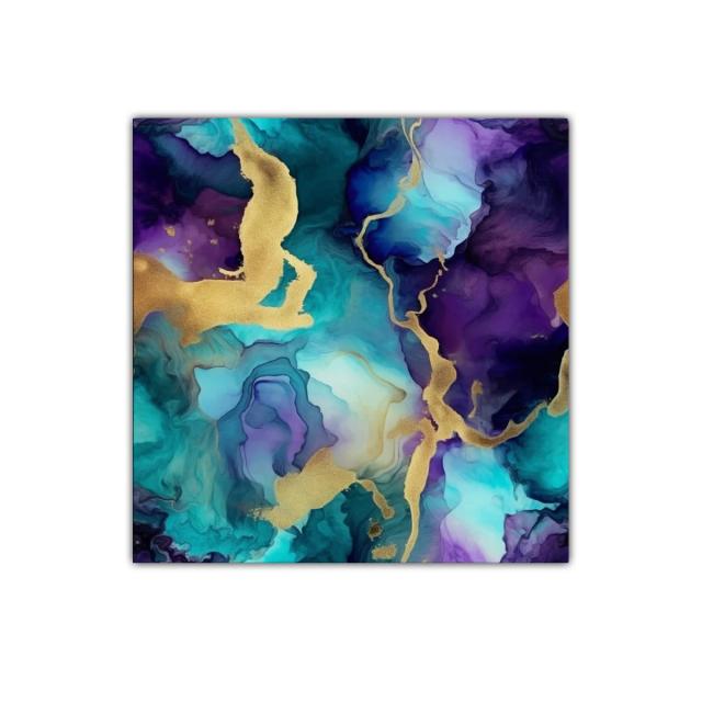Arte abstracto en azul turquesa y morado con detalles dorados