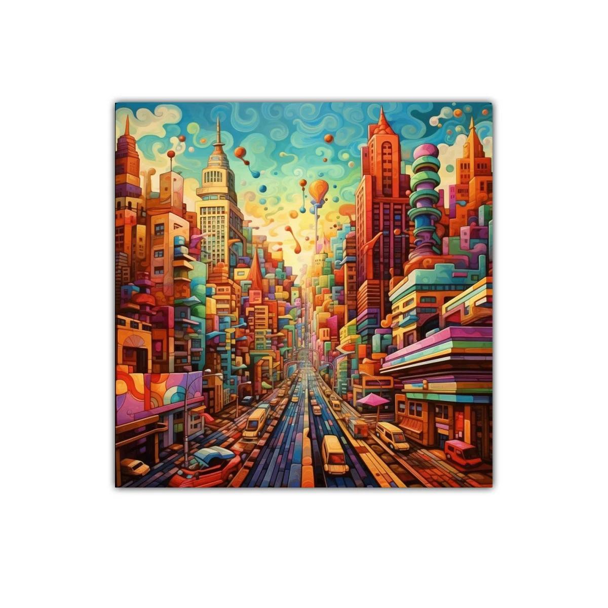 Ciudad vibrante con edificaciones coloridas y tráfico dinámico — imagen principal