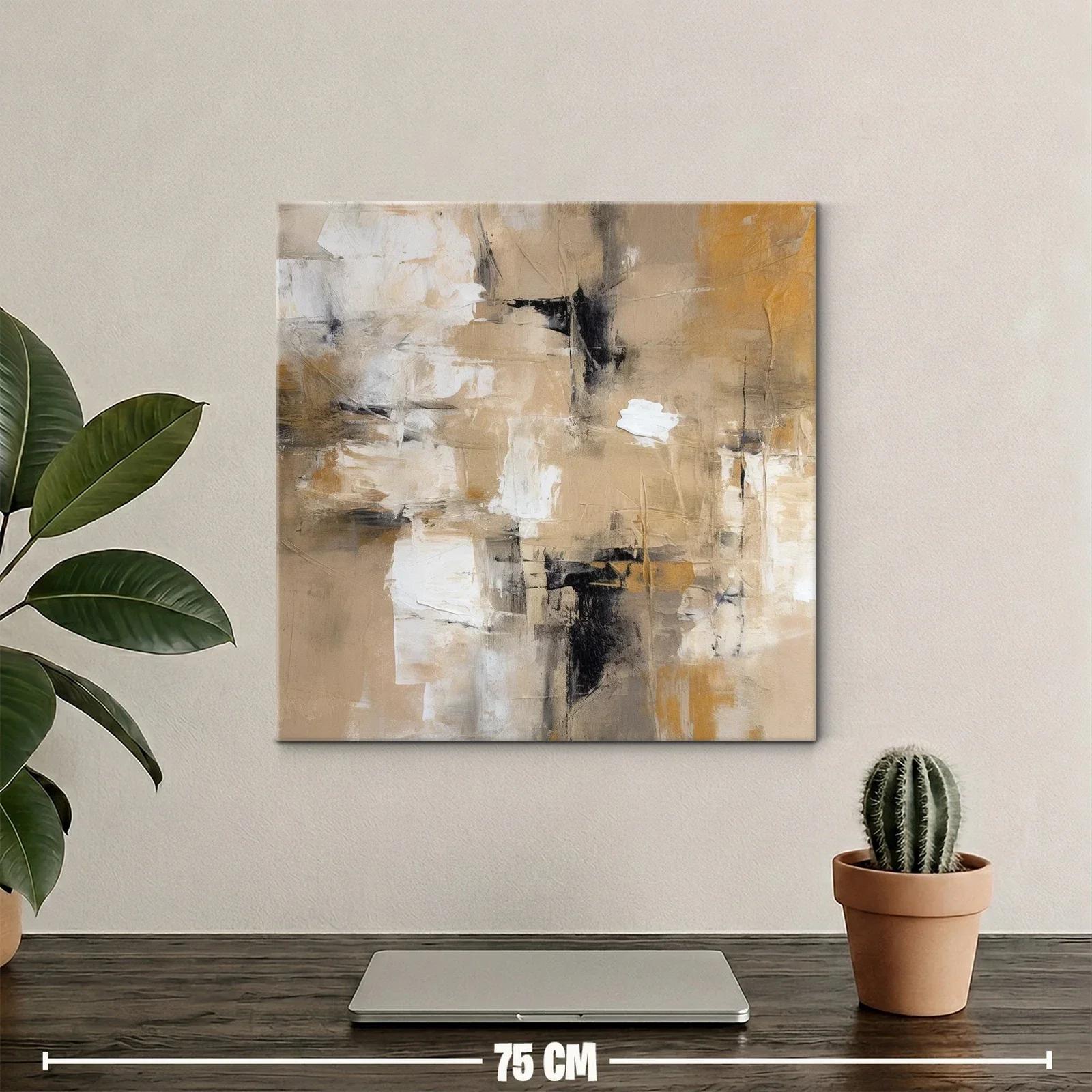 Cuadro abstracto en tonos beige y ocres con contraste negro — miniatura 2