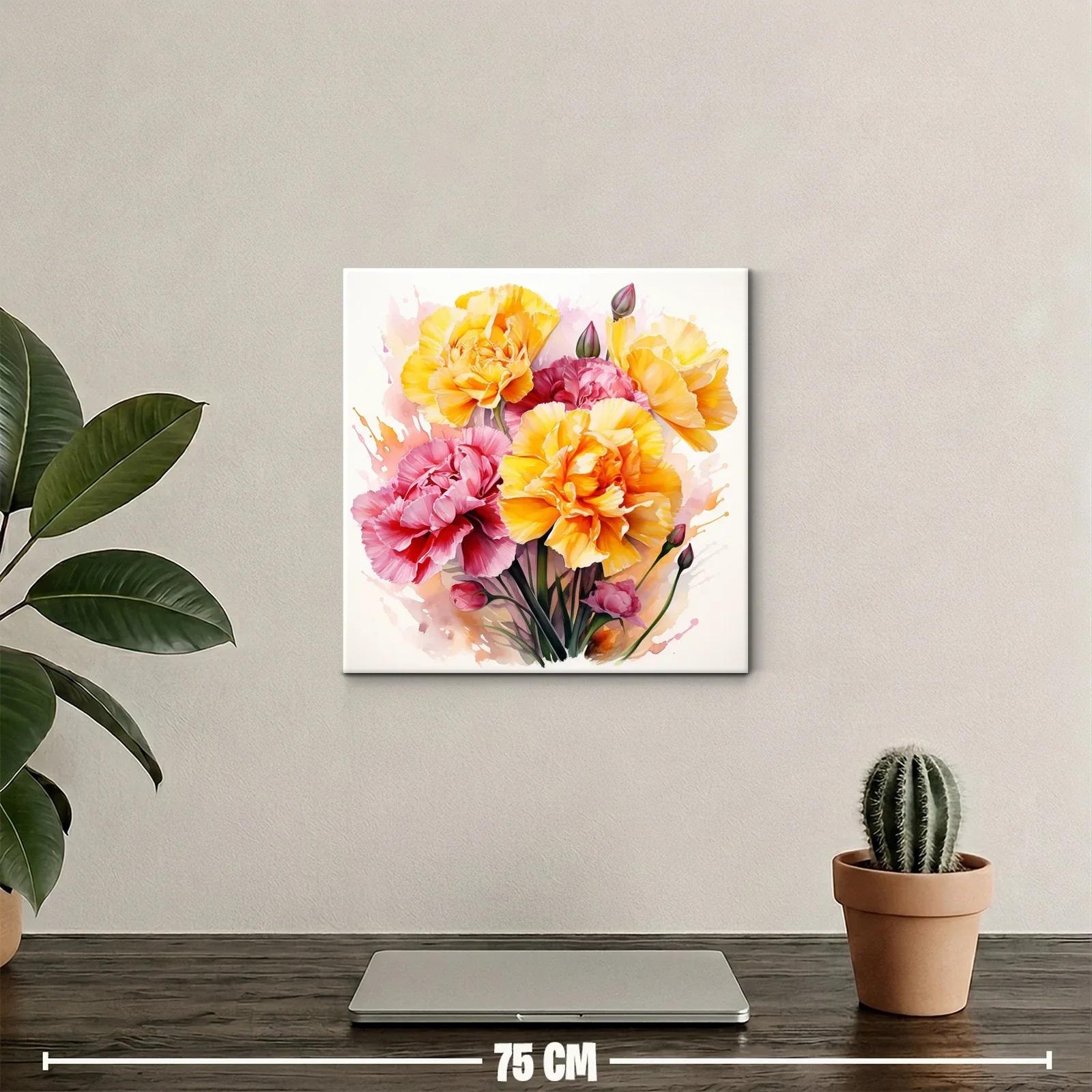Cuadro floral vibrante con claveles en tonos amarillos y rosas — miniatura 2