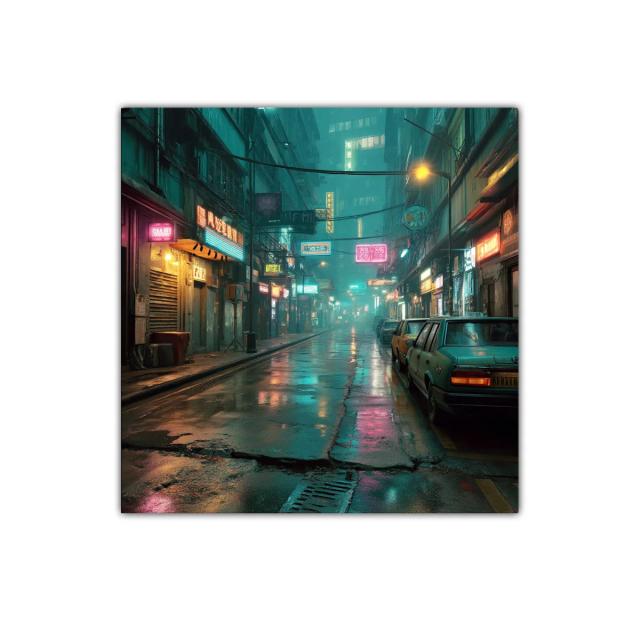 Calle urbana nocturna con luces de neón vibrantes