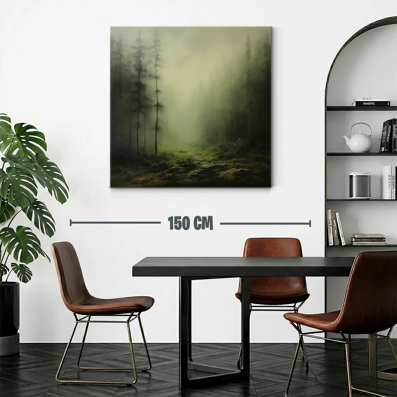 Paisaje nebuloso con bosque y camino en tonos verdes — miniatura 2