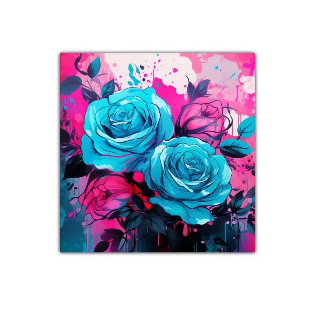 Cuadro decorativo rosas vibrantes en tonos azules y rosas