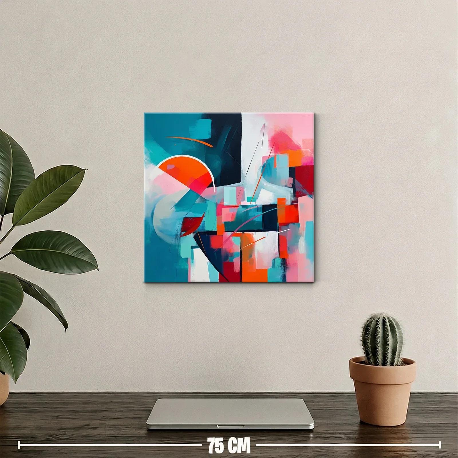 Cuadro abstracto con vibrantes formas geométricas en tonos turquesa y naranja — miniatura 2