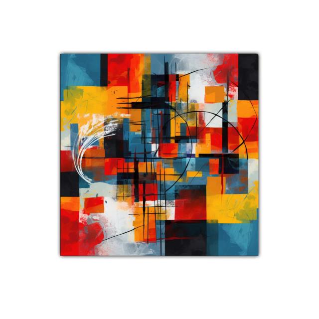 Cuadro abstracto con formas geométricas y colores cálidos