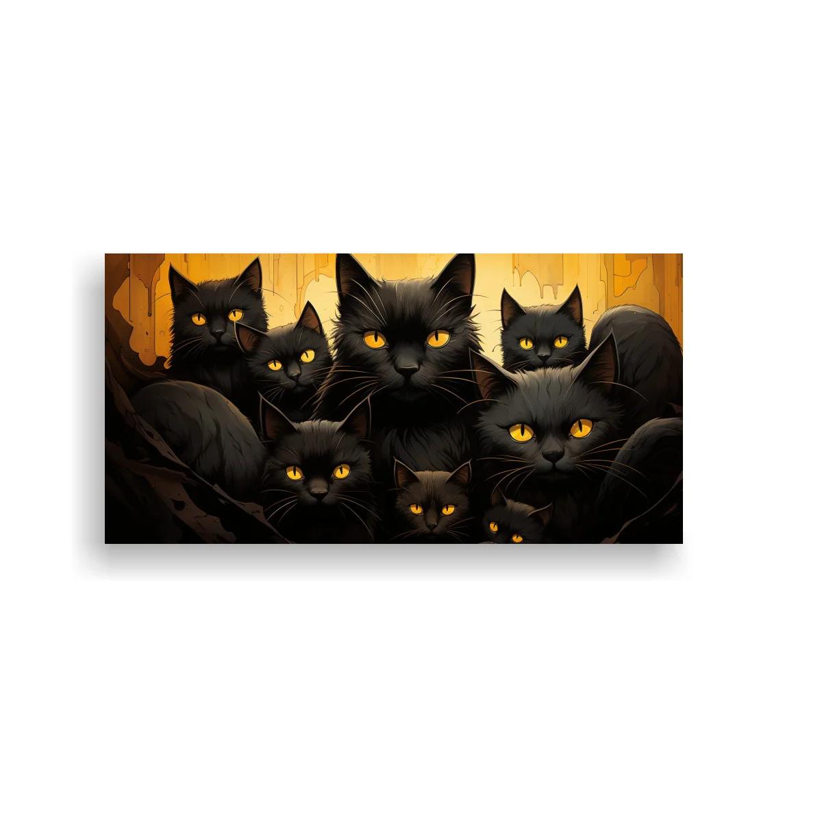 Cuadro grupo de gatos negros recortados sobre un fondo cálido
