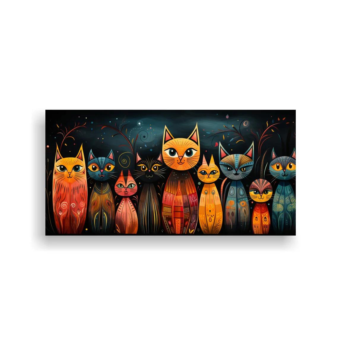Cuadro grupo de gatos de ojos grandes con fondo oscuro y ramas