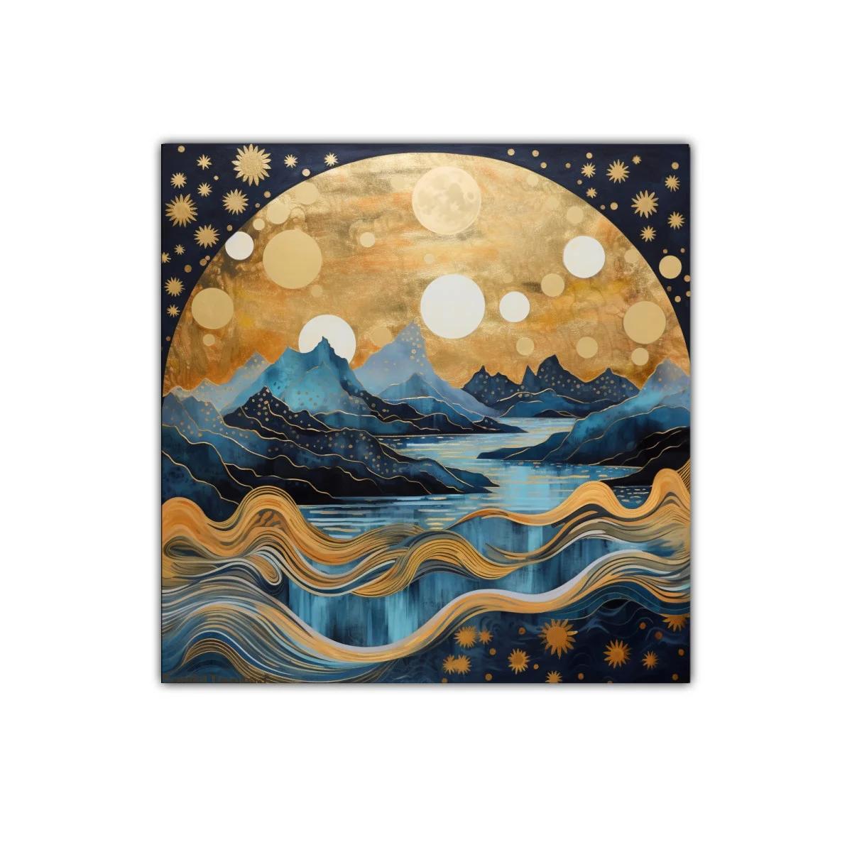 Paisaje onírico de montañas y cielo estrellado dorado — imagen principal