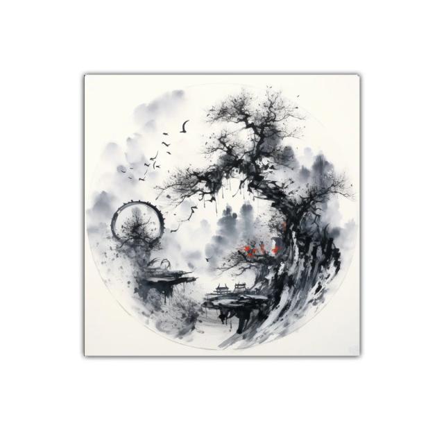 Paisaje asiático con árbol y aves en tonos monocromos