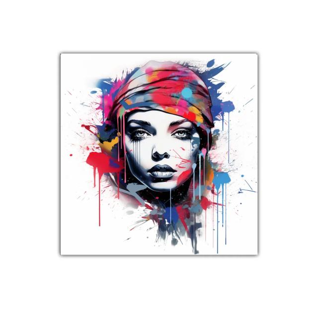 Rostro femenino expresivo con explosión de color vibrante