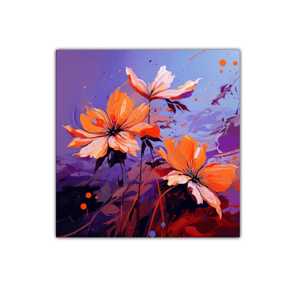 Cuadro floral moderno con flores anaranjadas sobre fondo violeta