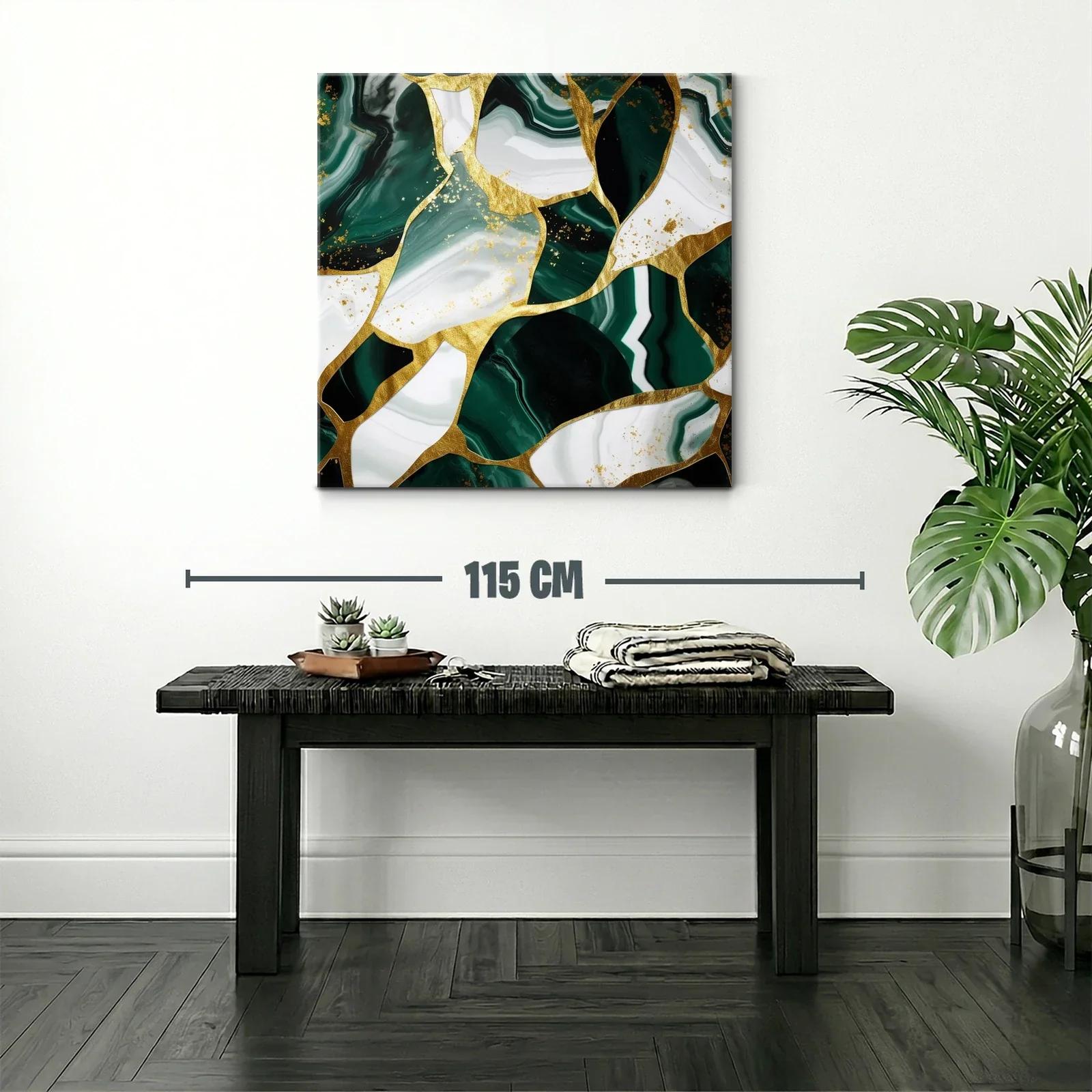 Cuadro abstracto con vetas verdes y detalles dorados — miniatura 2