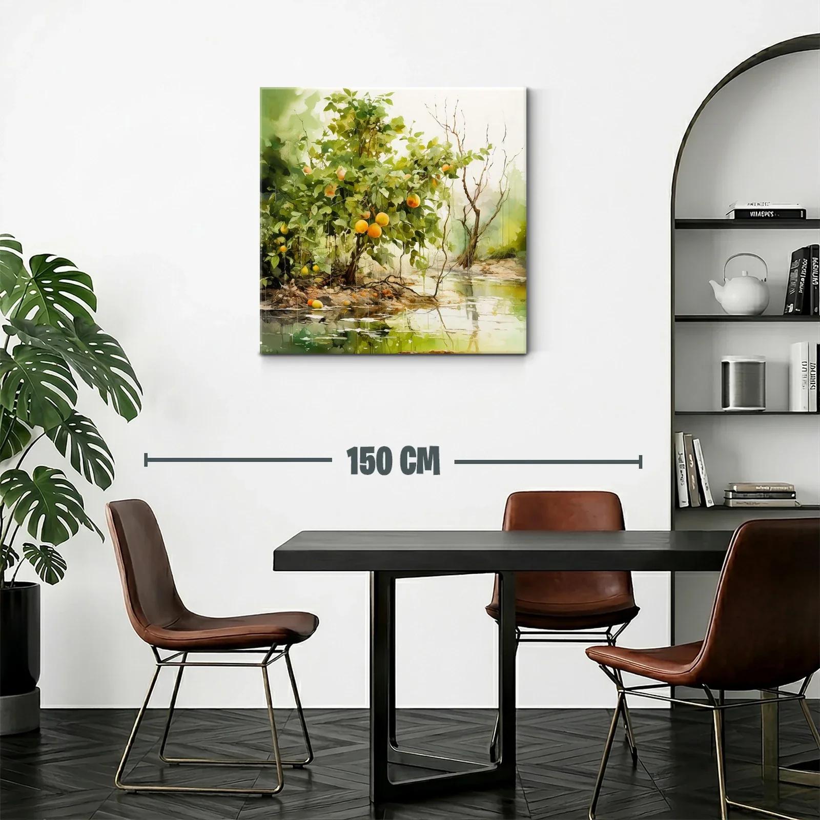 Cuadro paisaje natural con árboles y frutos en tonos verdes y naranjas — miniatura 2