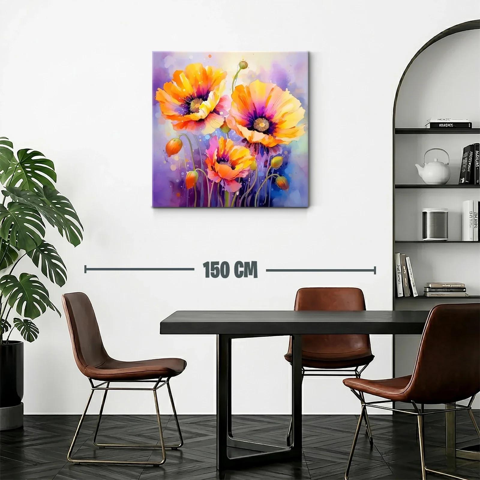 Cuadro vibrante con amapolas en tonos cálidos y fondo liláceo — miniatura 2