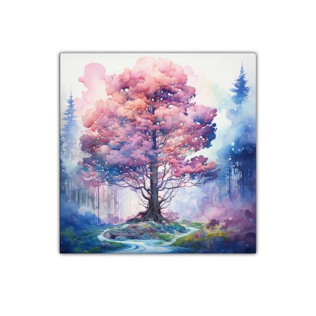 Árbol mágico con follaje rosa y ambiente de ensueño