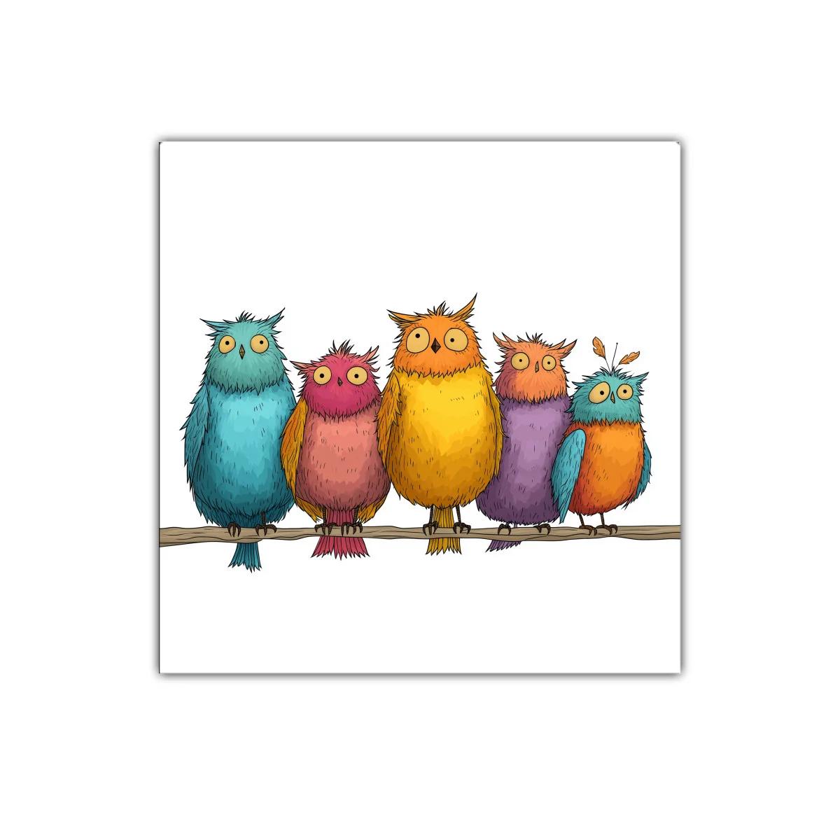 Colorido grupo de búhos divertidos sobre rama natural — imagen principal