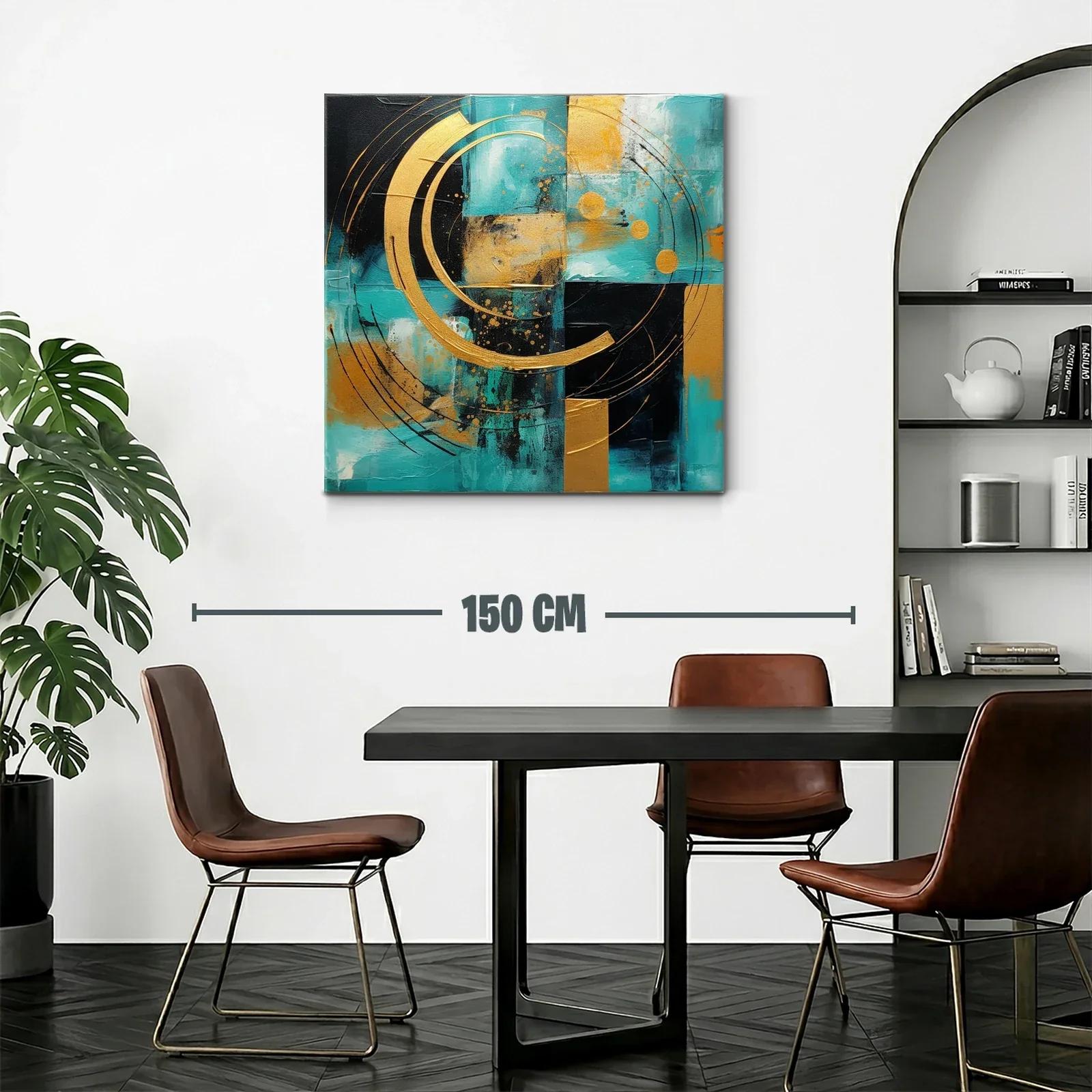 Cuadro abstracto con círculos dorados sobre fondo turquesa y negro — miniatura 2