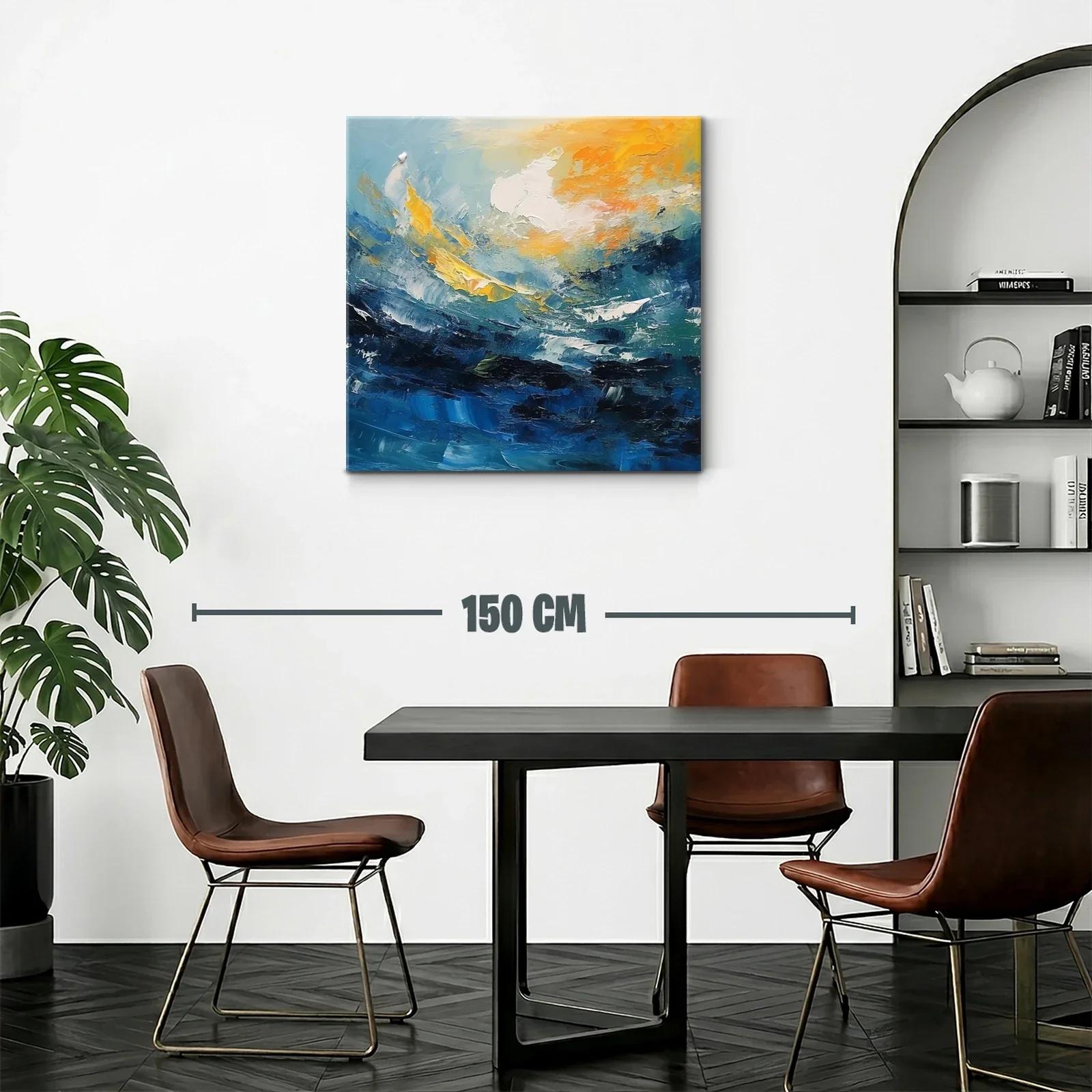 Cuadro abstracto con dinámicas olas y cielo en tonos cálidos — miniatura 2
