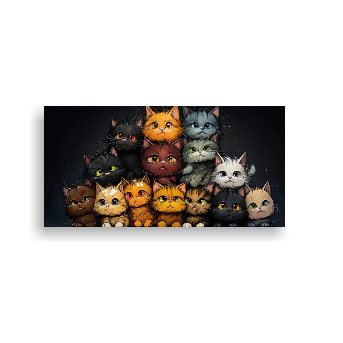 Cuadro grupo de gatos en pirámide sobre fondo oscuro