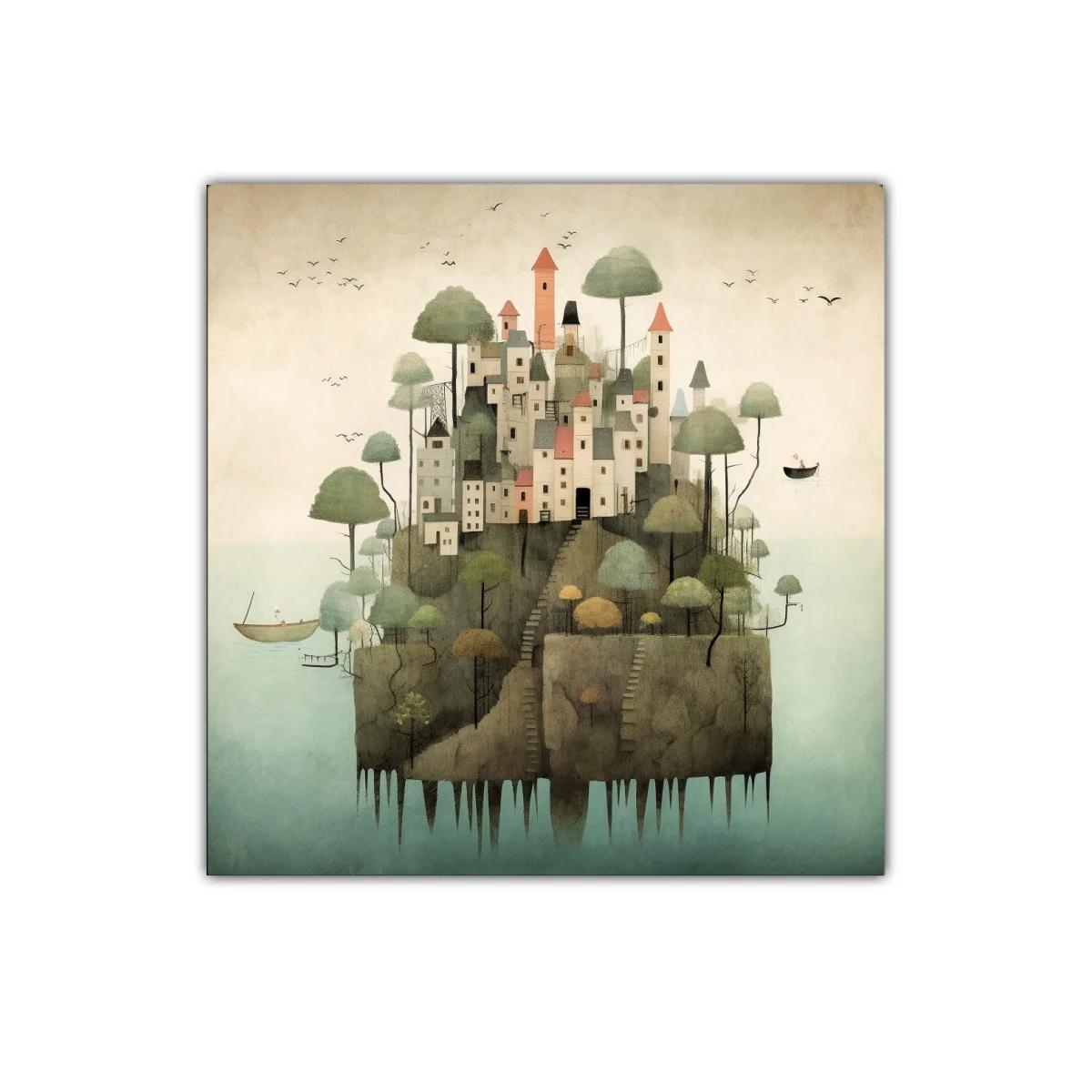 Ilustración de pueblo encantado sobre islote en calma — imagen principal