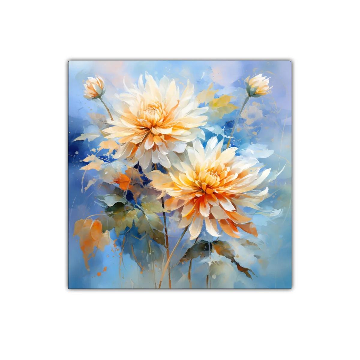 Cuadro floral con dalias en tonos cálidos y fondo azul