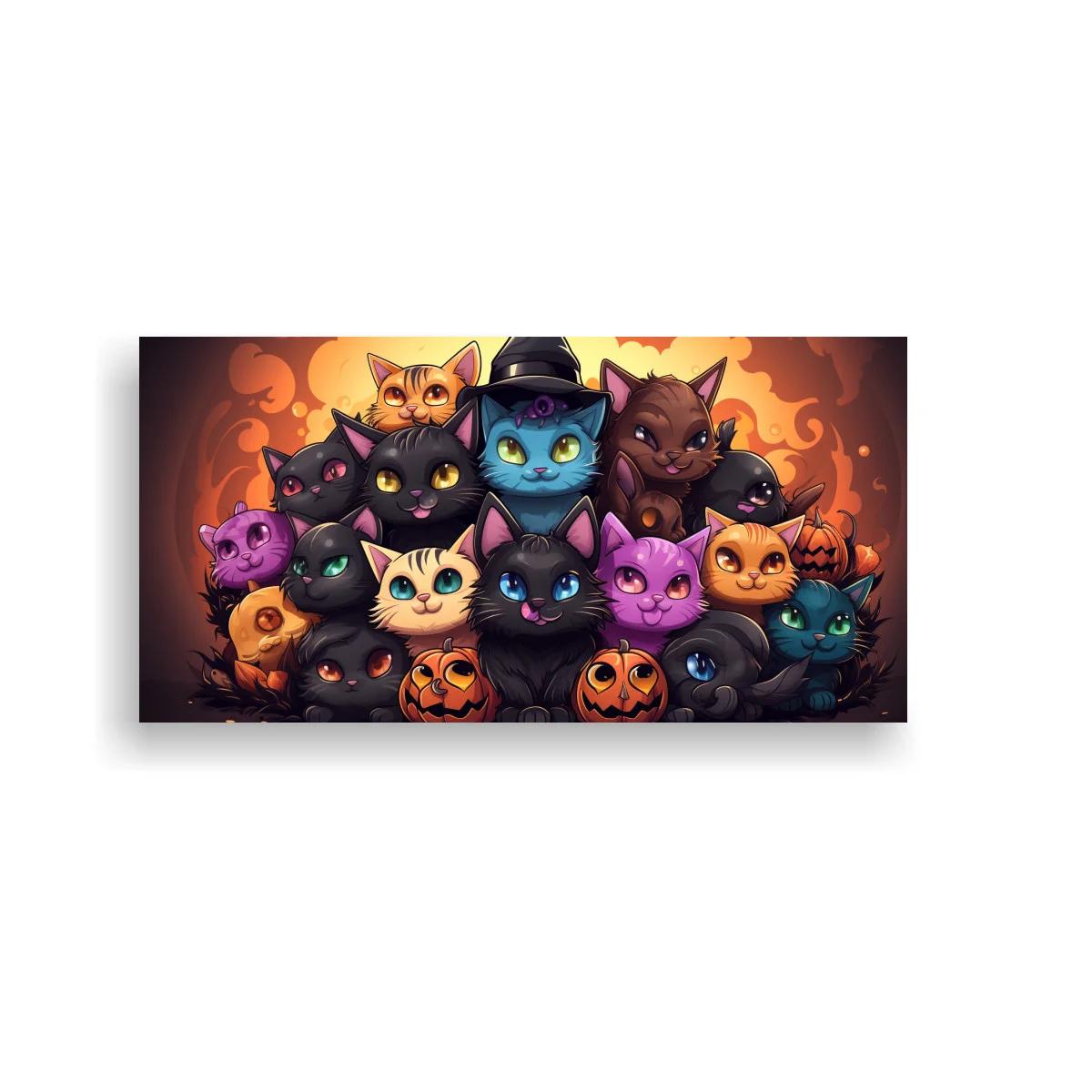 Cuadro grupo de gatos con calabazas de Halloween y fondo luminoso