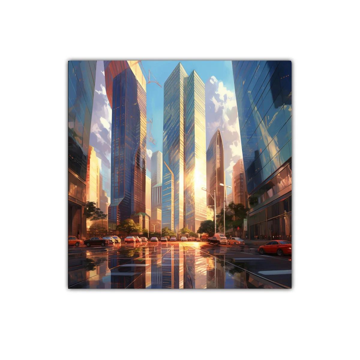 Atardecer urbano reflejado en rascacielos dorados