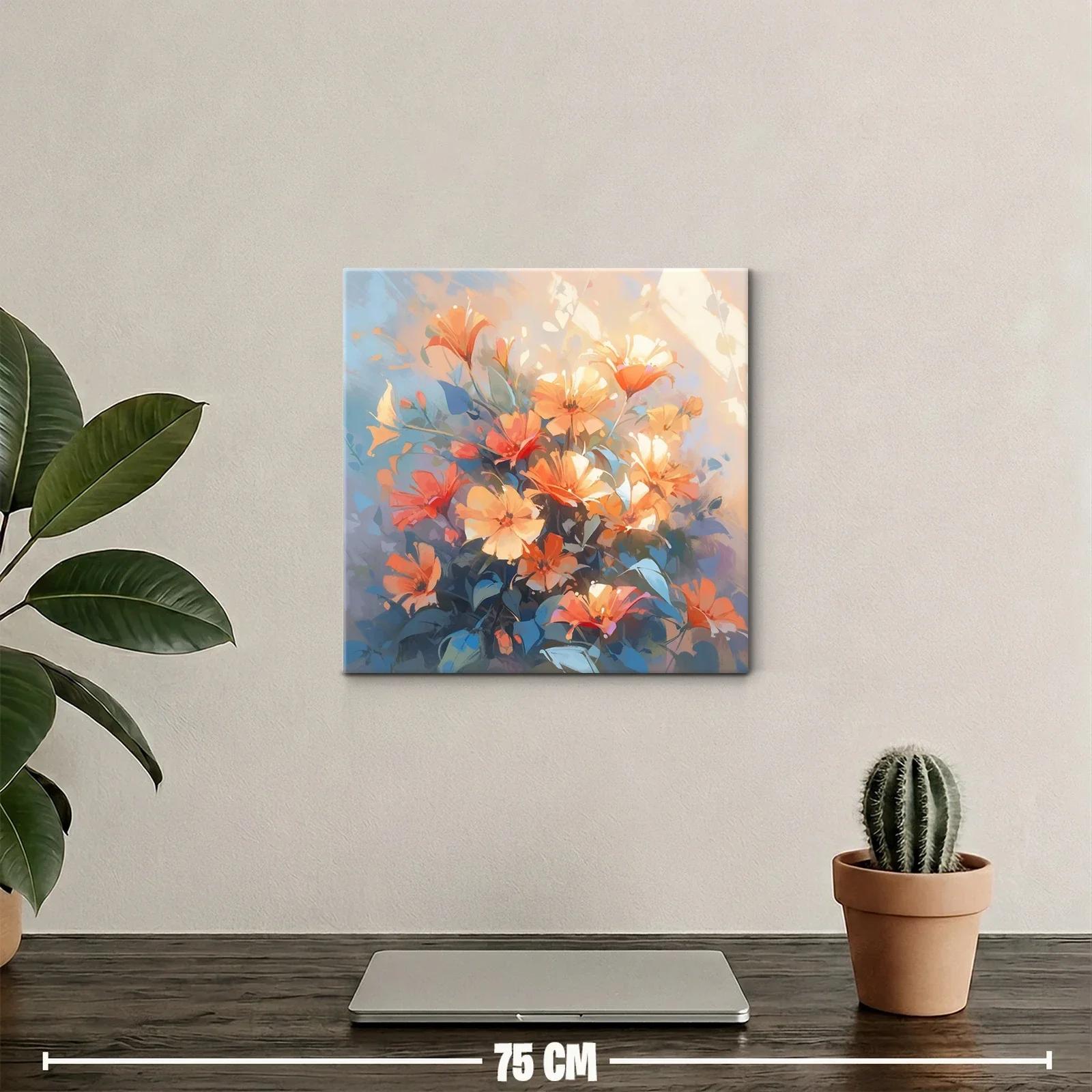 Cuadro con ramo de flores en tonos cálidos y azulados — miniatura 2