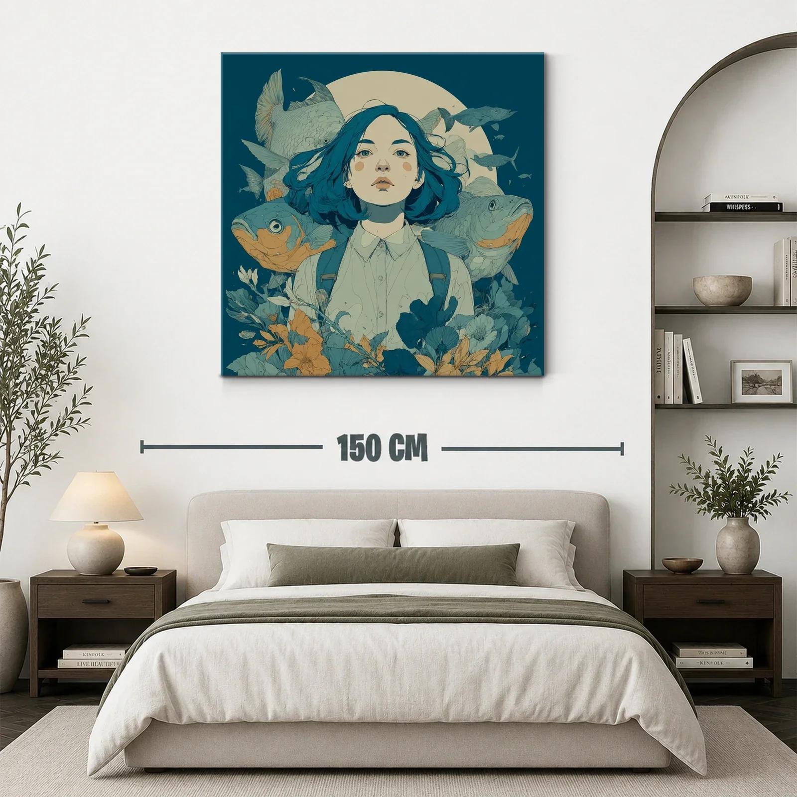 Retrato femenino con peces y flores en tonos azulados — miniatura 3