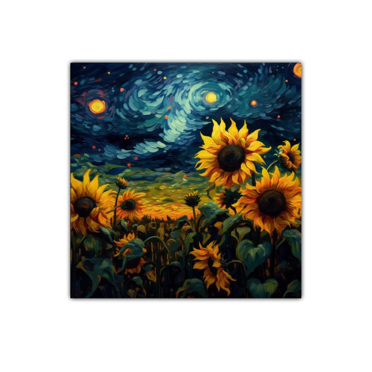 Campo de girasoles bajo cielo estrellado vibrante