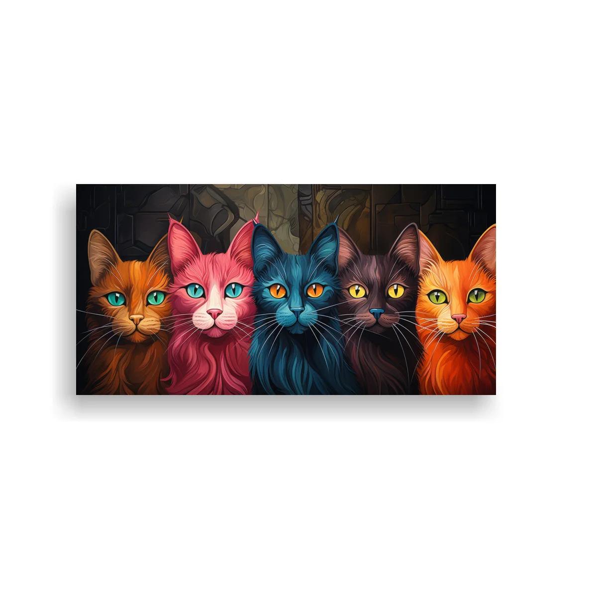 Cuadro cinco gatos de colores mirando al frente