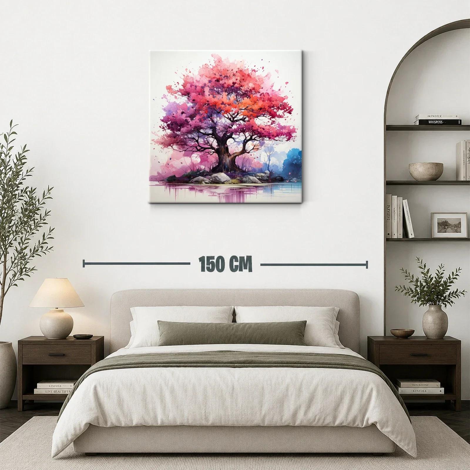 Árbol vibrante con tonos rosas y púrpuras sobre lago tranquilo — miniatura 3