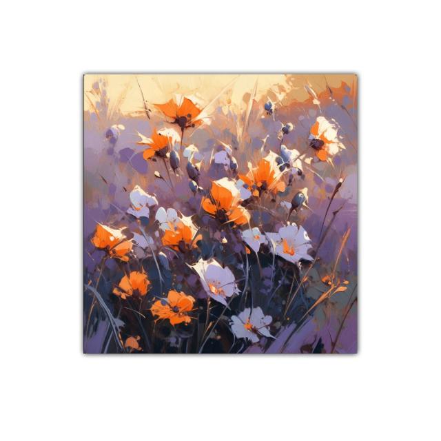 Cuadro floral con vibrante contraste de naranja y violeta