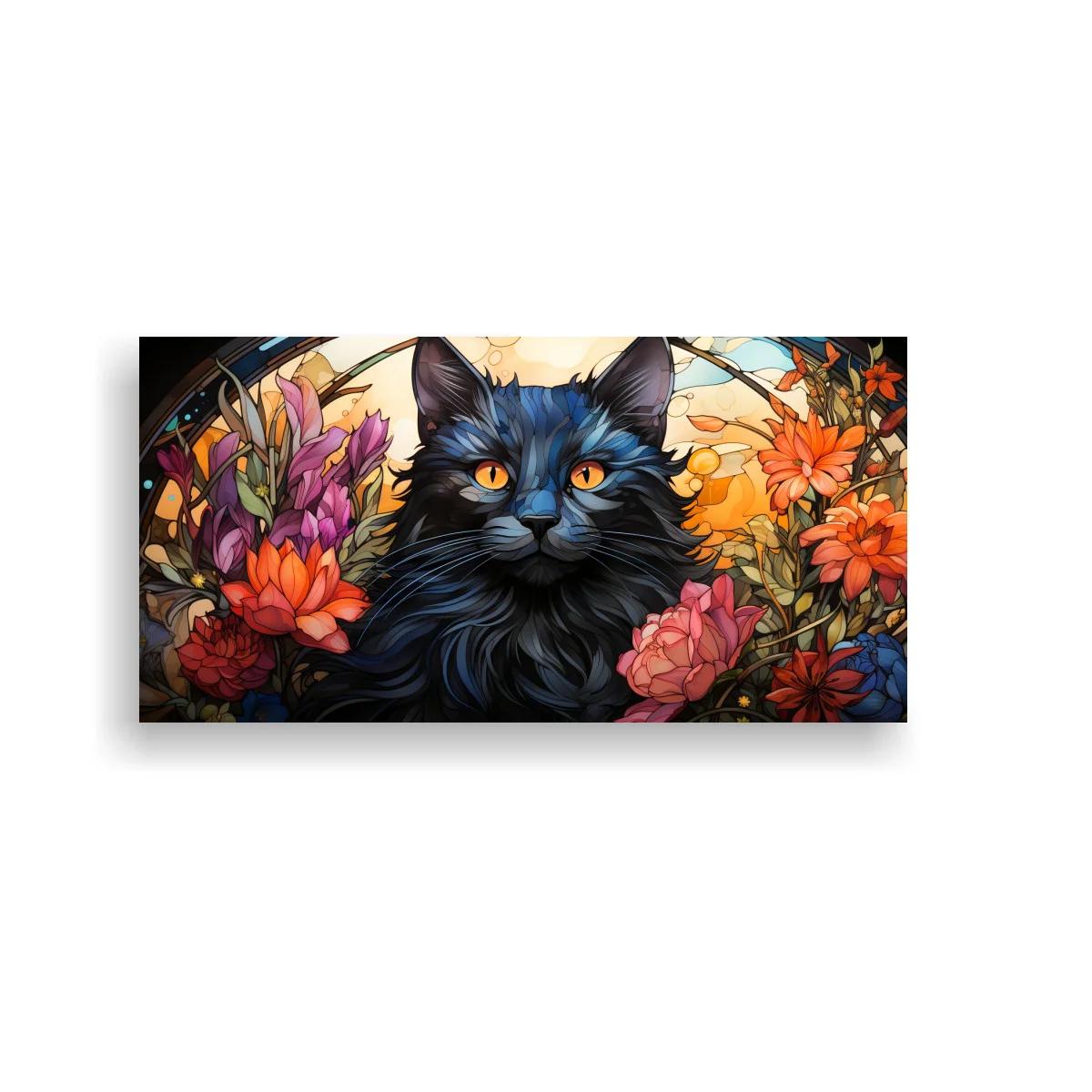 Cuadro gato negro de pelo largo con marco floral ornamental