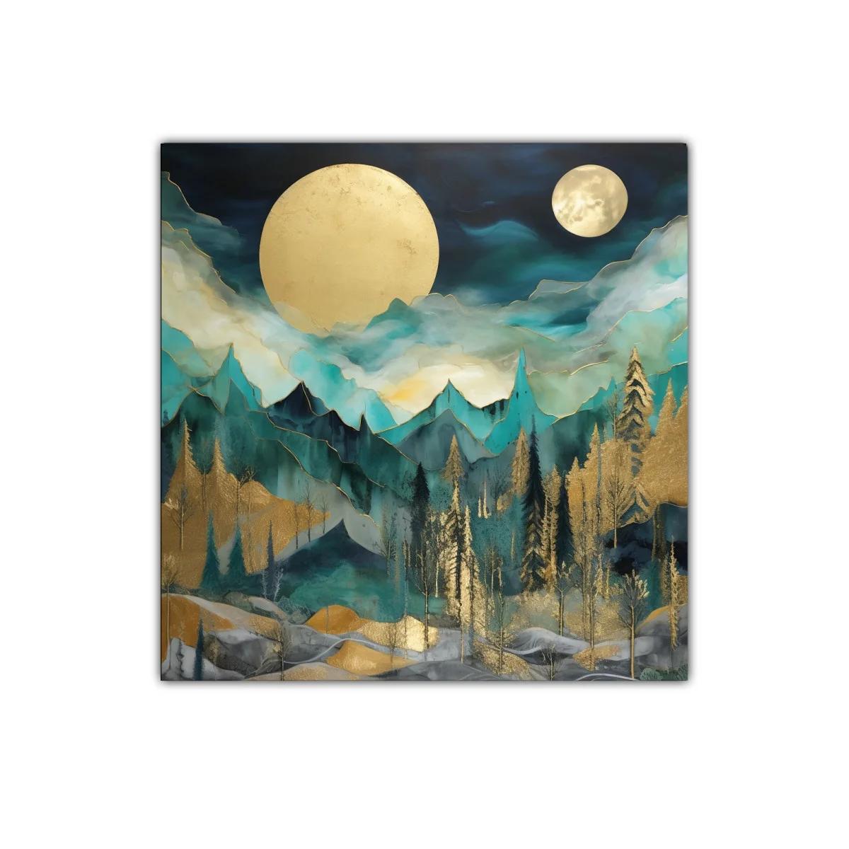 Paisaje nocturno con lunas doradas y montañas azules — imagen principal